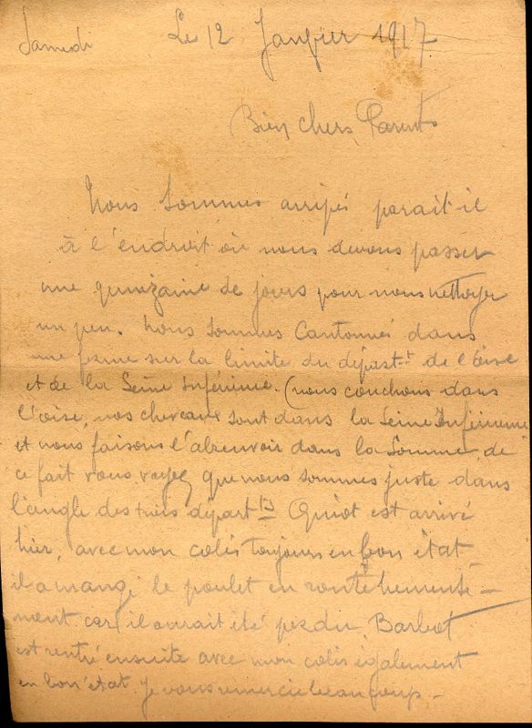 Lettre de Mathieu Dubois à ses parents, 12 janvier 1917.