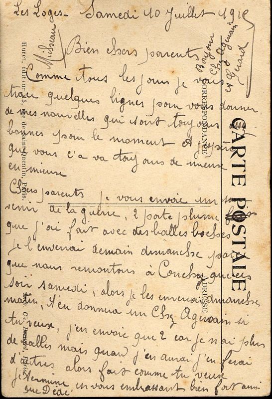Carte de Gilbert Micheau à ses parents, 10 juillet 1915