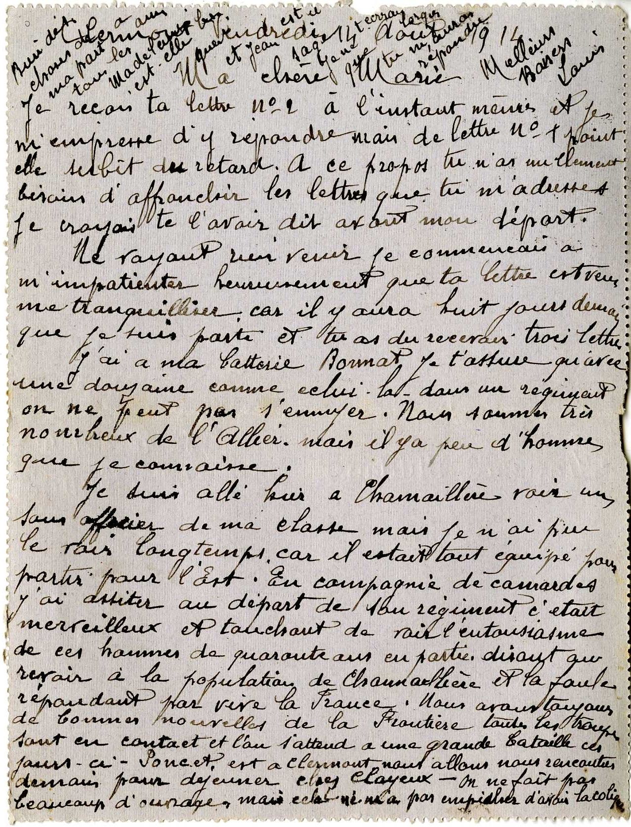 Lettre de Louis Pioton à son épouse Marie, où il décrit l'enthousiasme des premiers régiments en partance pour le front, 14 août 1914.