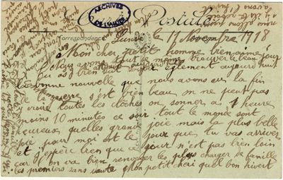 Carte de Mme Perrot à son mari, 11/11/1918 ( cote :1 J 637)
